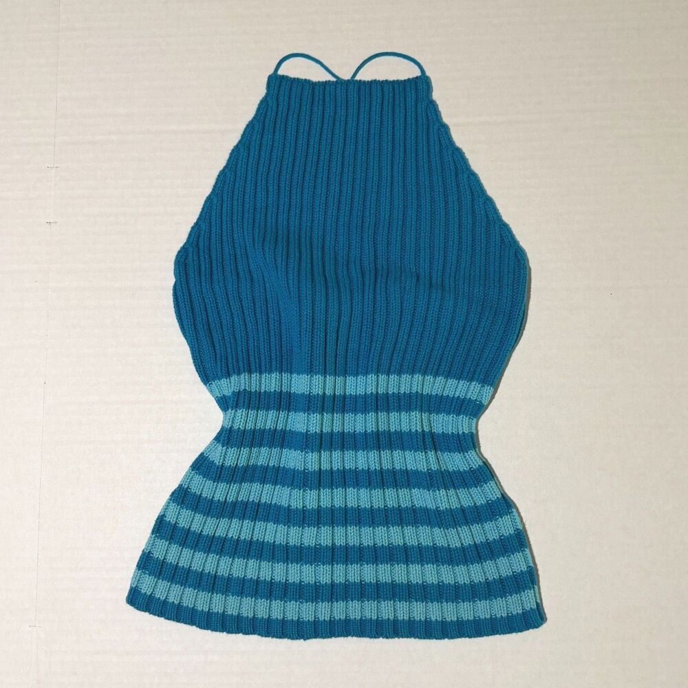 Vintage Y2K Moda International, Blue Ribbed Cross Back Stripped, M Tank
